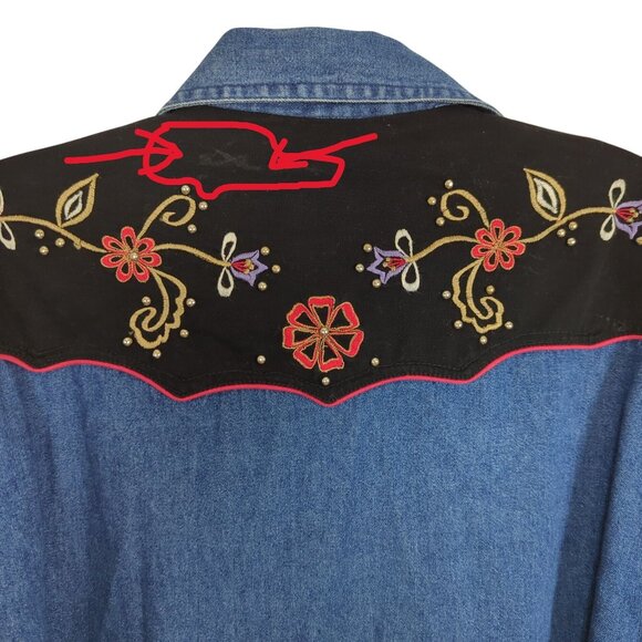 Rhythm Blue Vintage Shirt Western Denim Velvet Embroidered Floral Women L - Picture 14 of 14